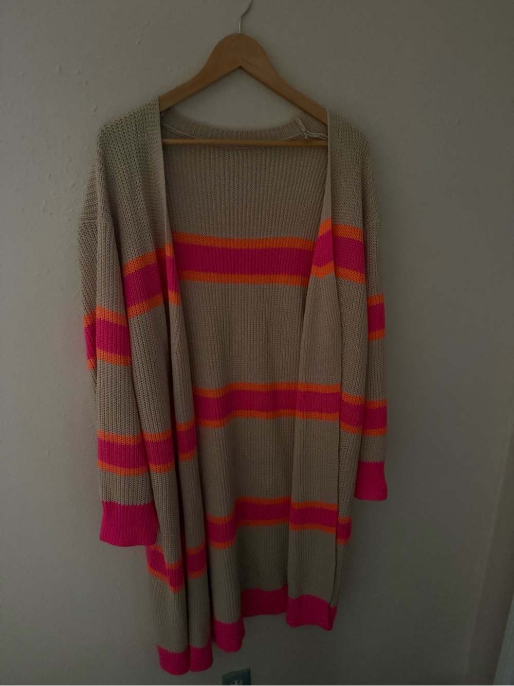 Beige Open-Front Cardigan with Pink & Orange Stripes